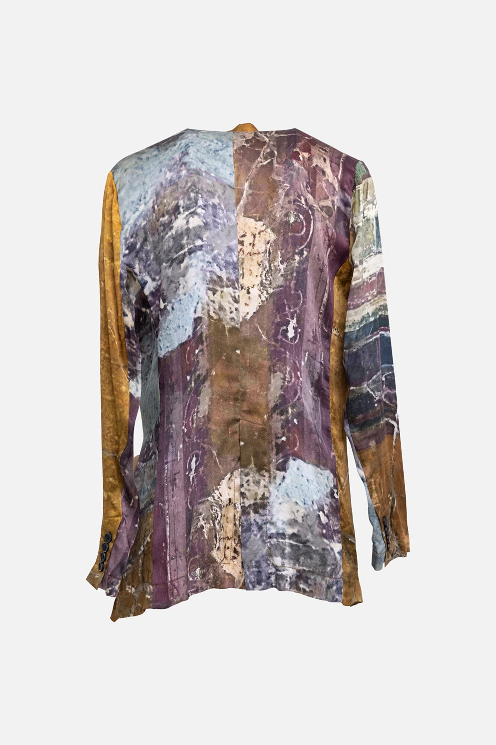 Pre-owned Uma Wang women's blazer in tan/red/green, back view, abstract patchwork print with center back seam