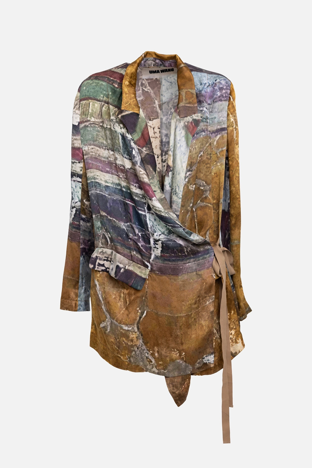 Pre-owned Uma Wang women's blazer in tan/red/green, front view, draped wrap panel and self-tie waist