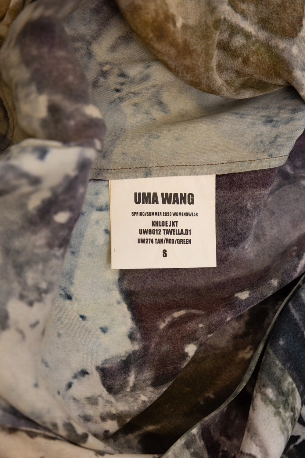 Pre-owned Uma Wang women's blazer in tan/red/green, label close-up, Khloe JKT Spring/Summer 2020 tag