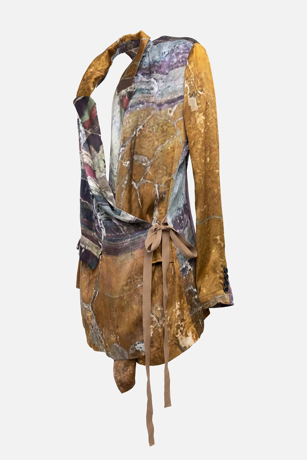 Pre-owned Uma Wang women's blazer in tan/red/green, side view, long self-tie ribbons and buttoned cuff placket