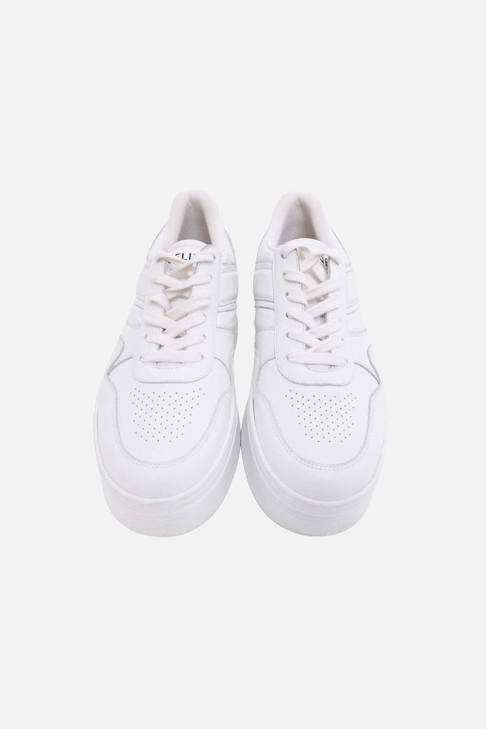 Pre-owned Celine block sneakers in white, front view, perforated toe box and lace-up closure
