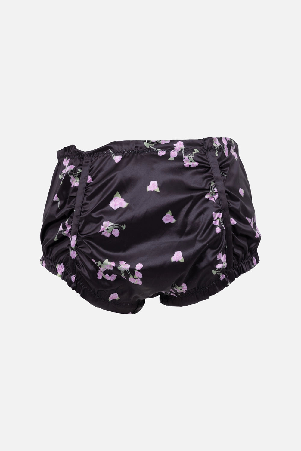 Natasha Zinko women’s bloomers in black, back view, gathered elastic trims with scattered pink rose print