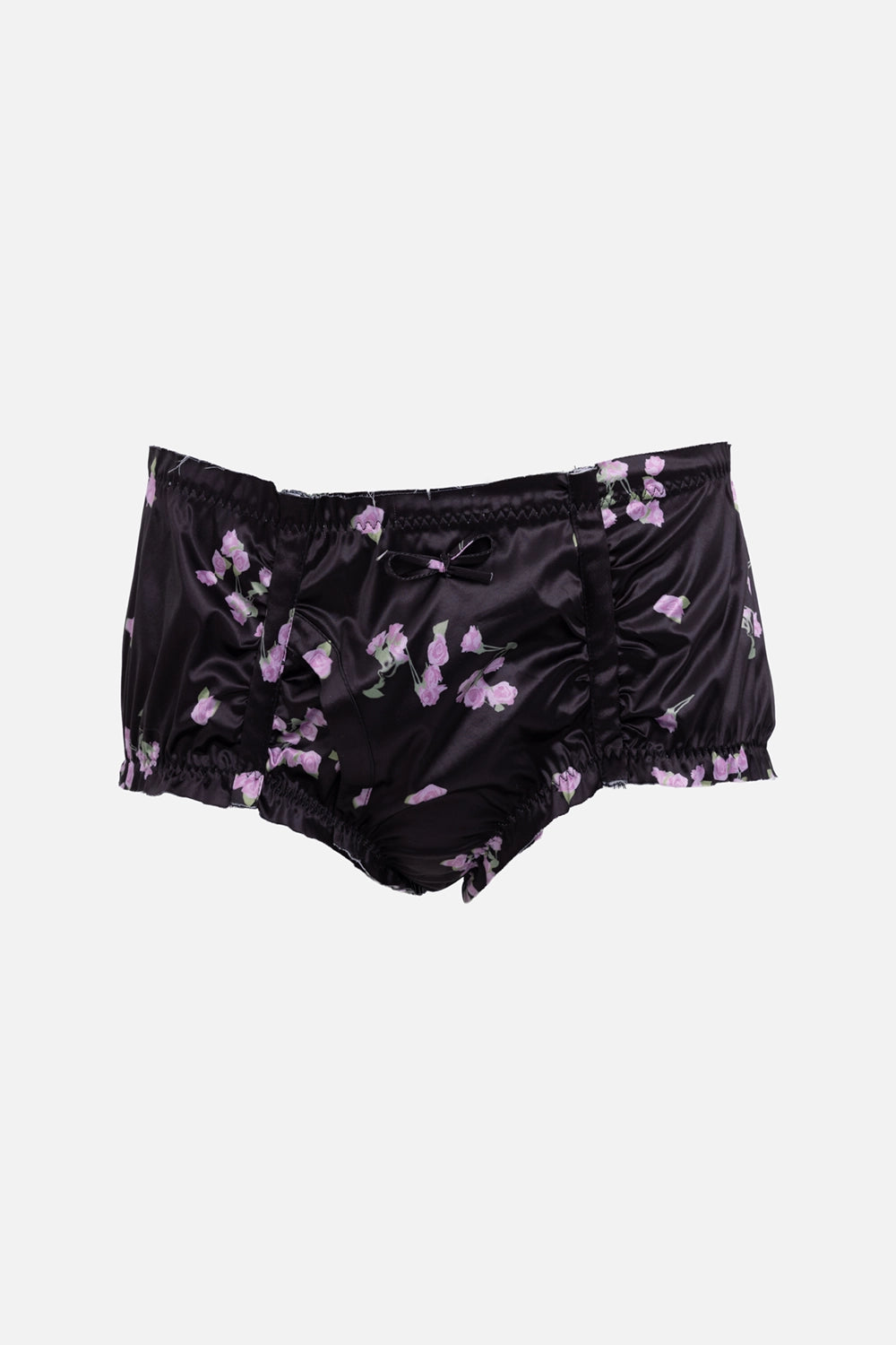 Natasha Zinko women’s bloomers in black, front detail, satin finish with bow and pink rose print