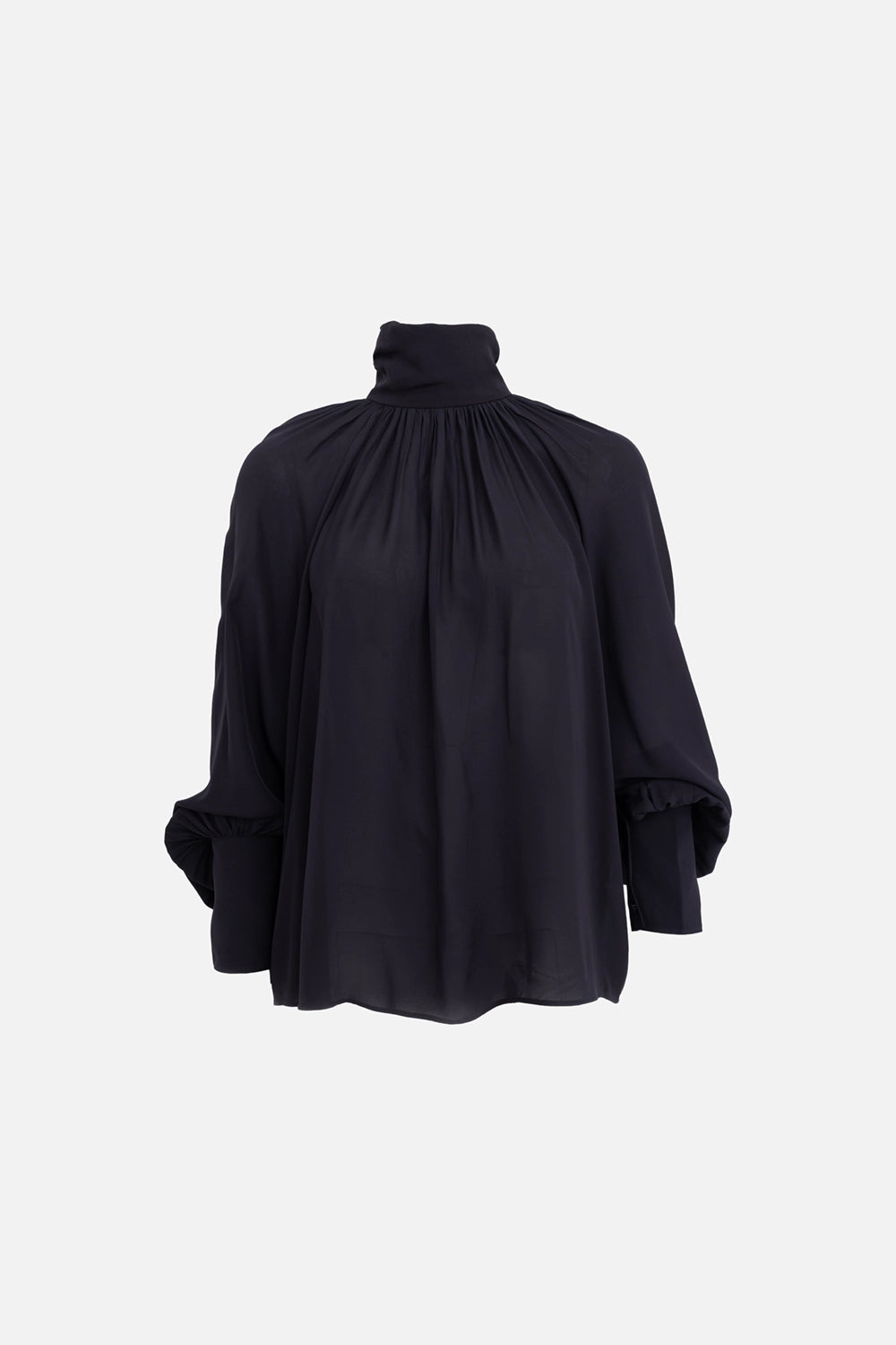 ANINE BING women's blouse in black, front view, high-neck draped silhouette
