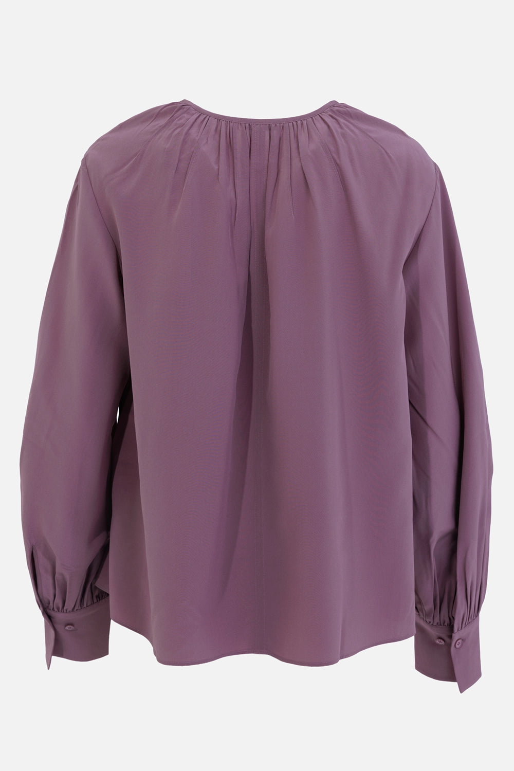 Joseph women's silk blouse in Lilac, back view, gathered neckline and long blouson sleeves