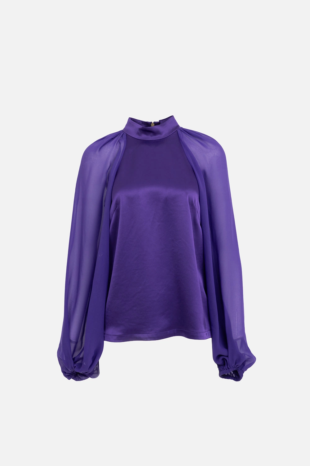 JOSEPH women’s satin blouse in violet, back view, high neck with gold-tone zip and sheer sleeves
