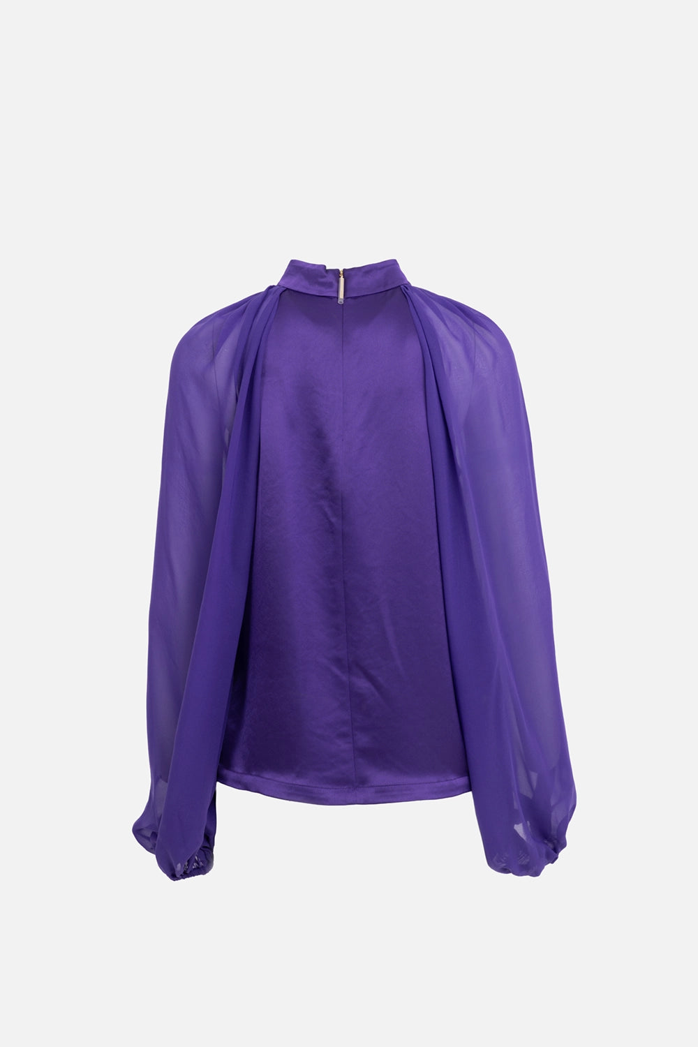 JOSEPH women’s satin blouse in violet, front view, smooth double satin body with sheer voluminous sleeves