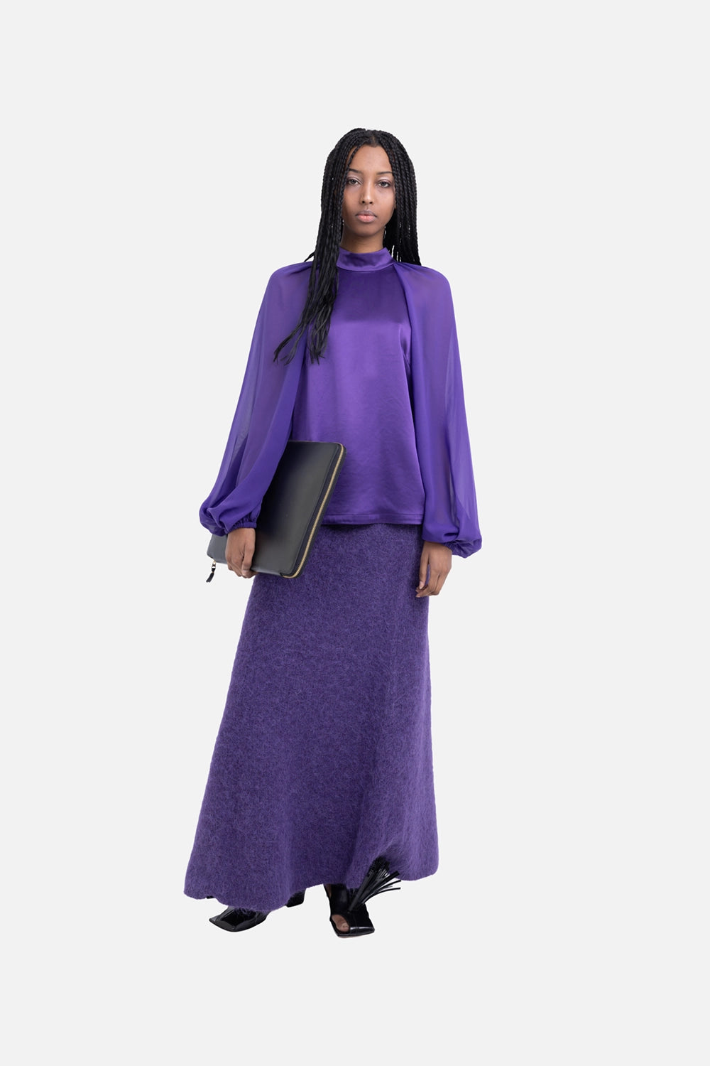 JOSEPH women’s satin blouse in violet, on-model full length, relaxed fit with sheer balloon sleeves and high neck