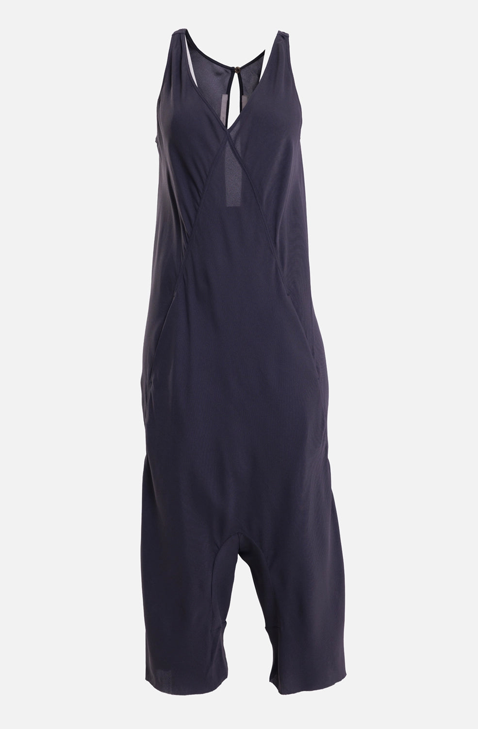 Rick Owens women's jumpsuit in black, front view, deep V neckline and drop-crotch short leg