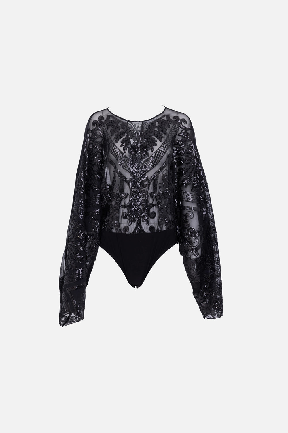 Norma Kamali women’s bodysuit in black, front view, crew neck with intricate sequin scroll embroidery