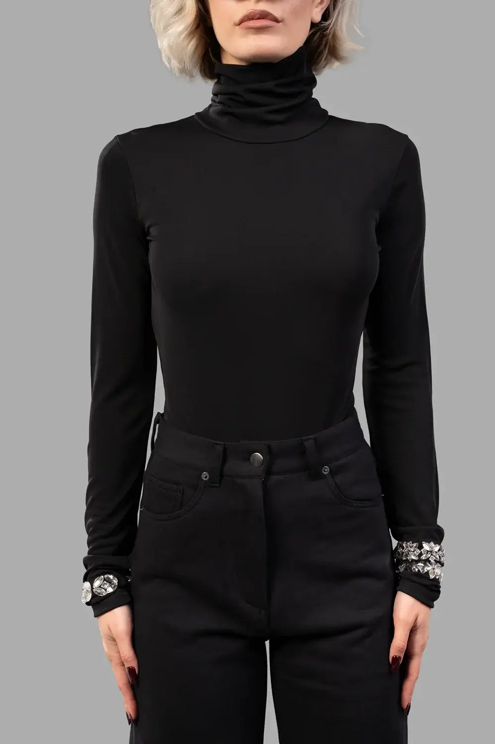 front close-up of black high-neck bodysuit in smooth jersey, slim fit