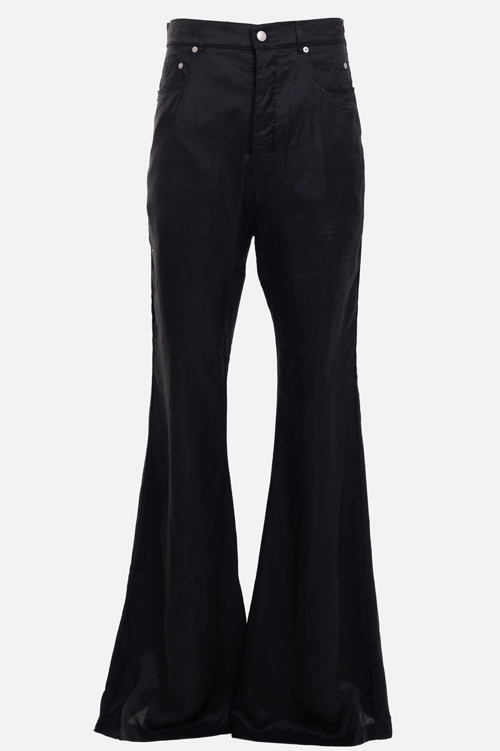 Rick Owens men's Bolan Bootcut jeans in Black, front view with silver button, rivets and flared legs