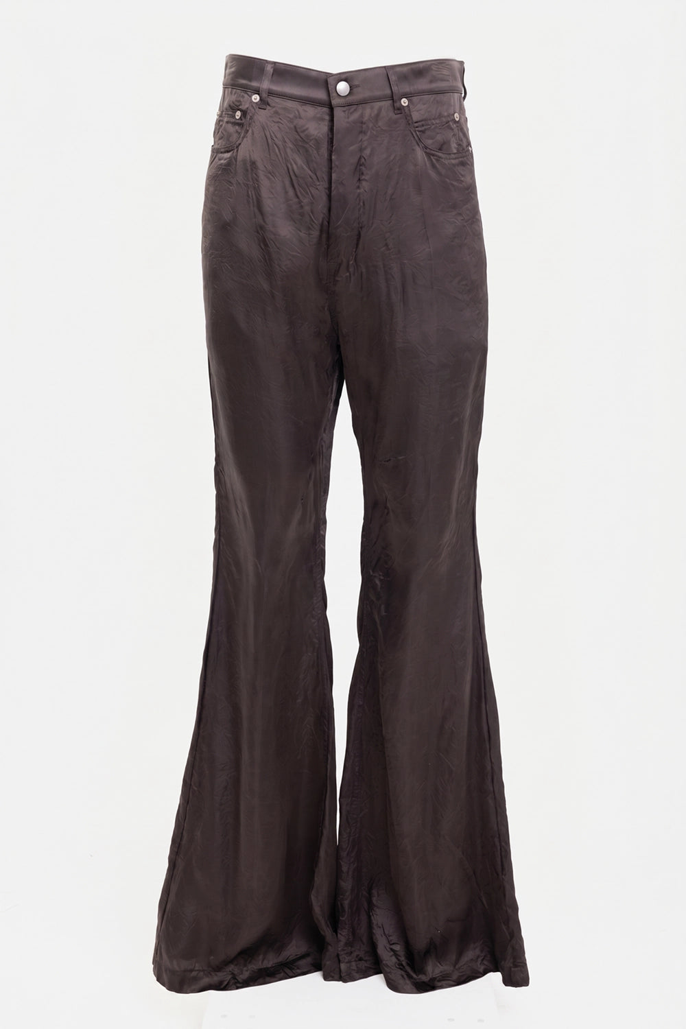 Rick Owens men's Bolan Bootcut trousers in Dark Dust, front view with riveted pockets and silver button