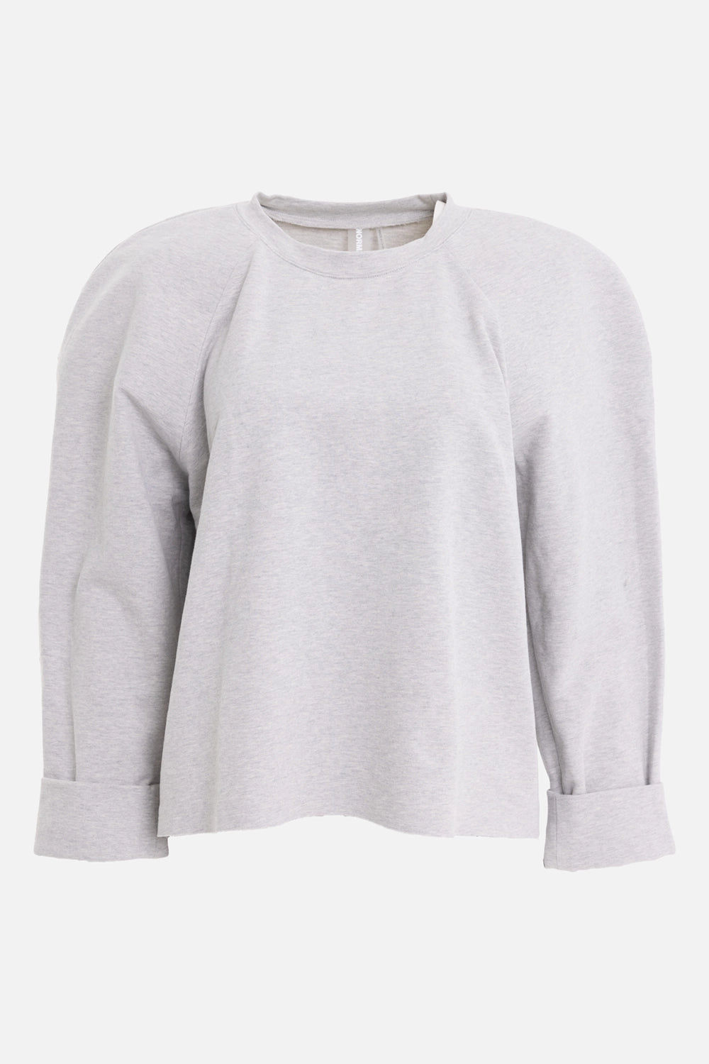 Norma Kamali women's sweatshirt in light heather grey, front view, structured shoulders and wide cuffs