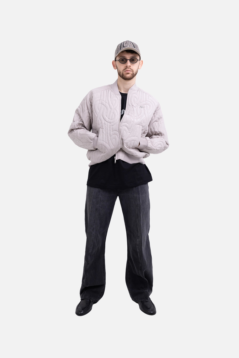 Filling Pieces unisex quilted bomber jacket in Atmosphere, on-model full length, Gowtu quilting with ribbed trims