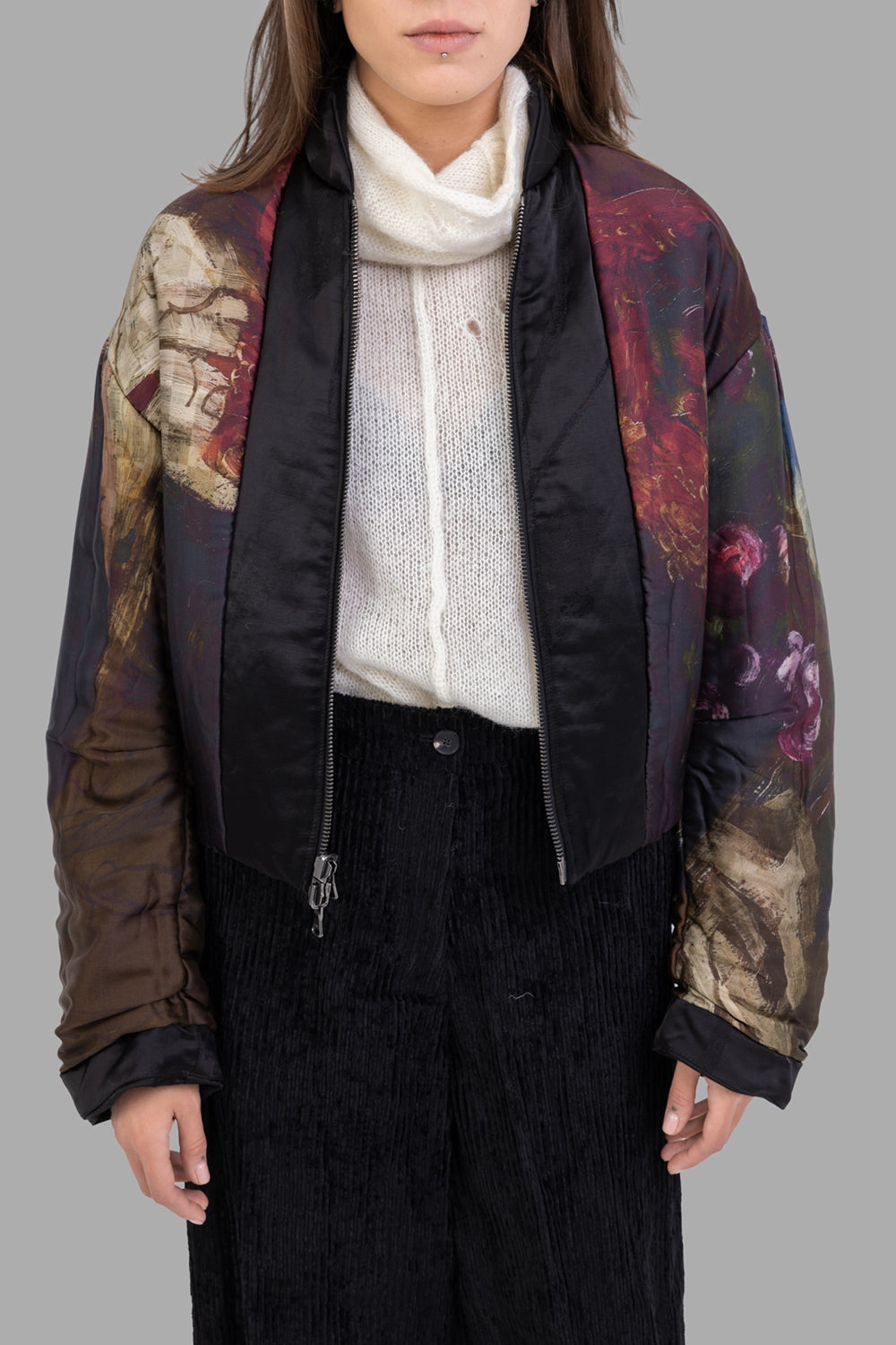 Masnada women's reversible bomber jacket in multicolor print, front view, painterly artwork panels