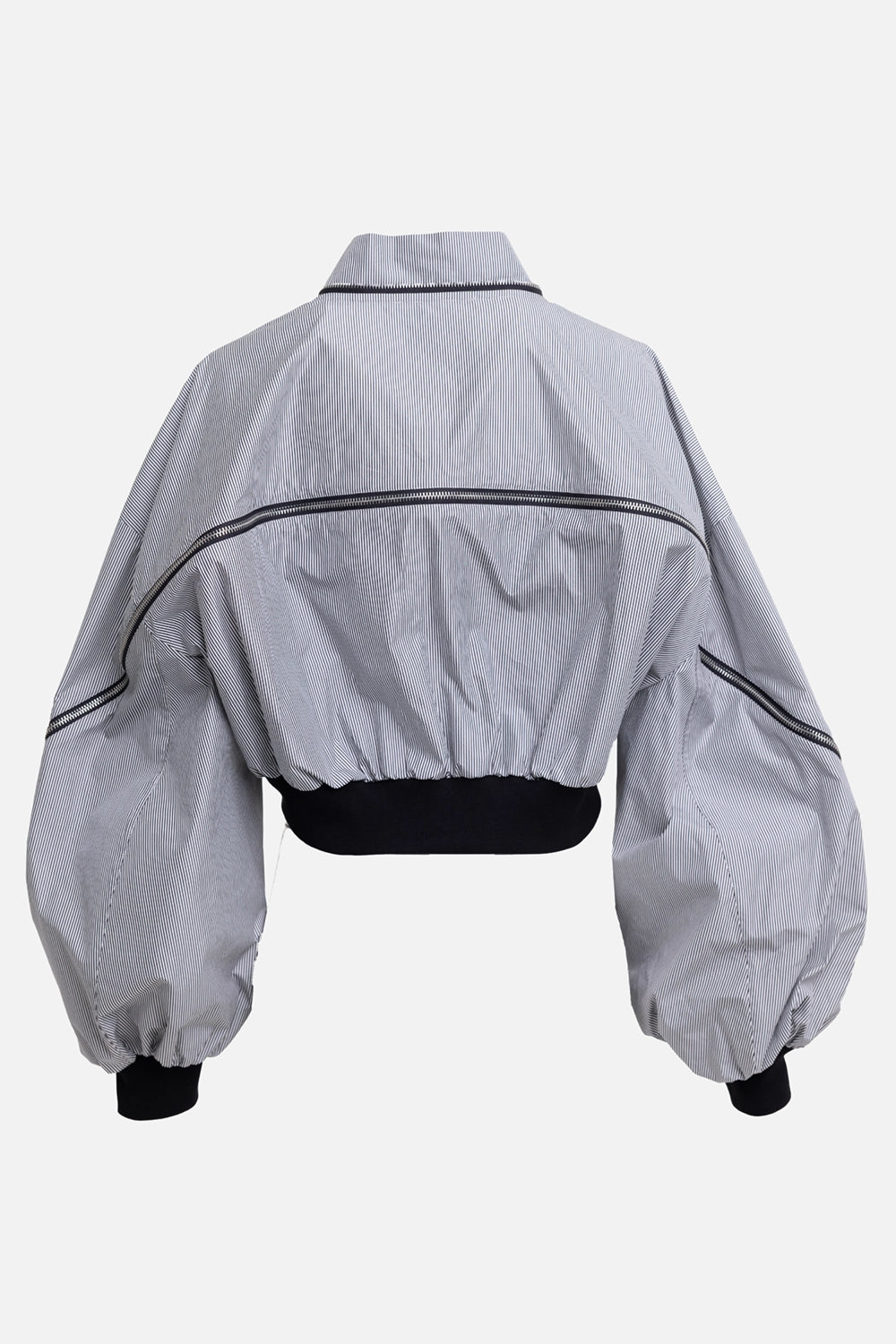Sehnsucht Atelier women's bomber jacket in black/white, back view, striped shell and ribbed hem