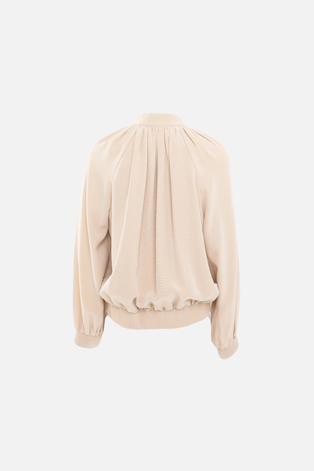 JOSEPH womens bomber jacket in powder, back view, softly draped back with ribbed waistband