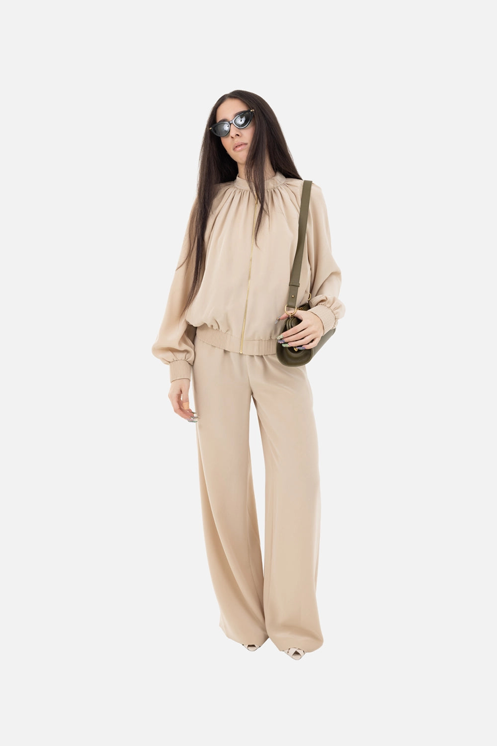 JOSEPH womens bomber jacket in powder, on-model full-length, gold zip front and ribbed hem