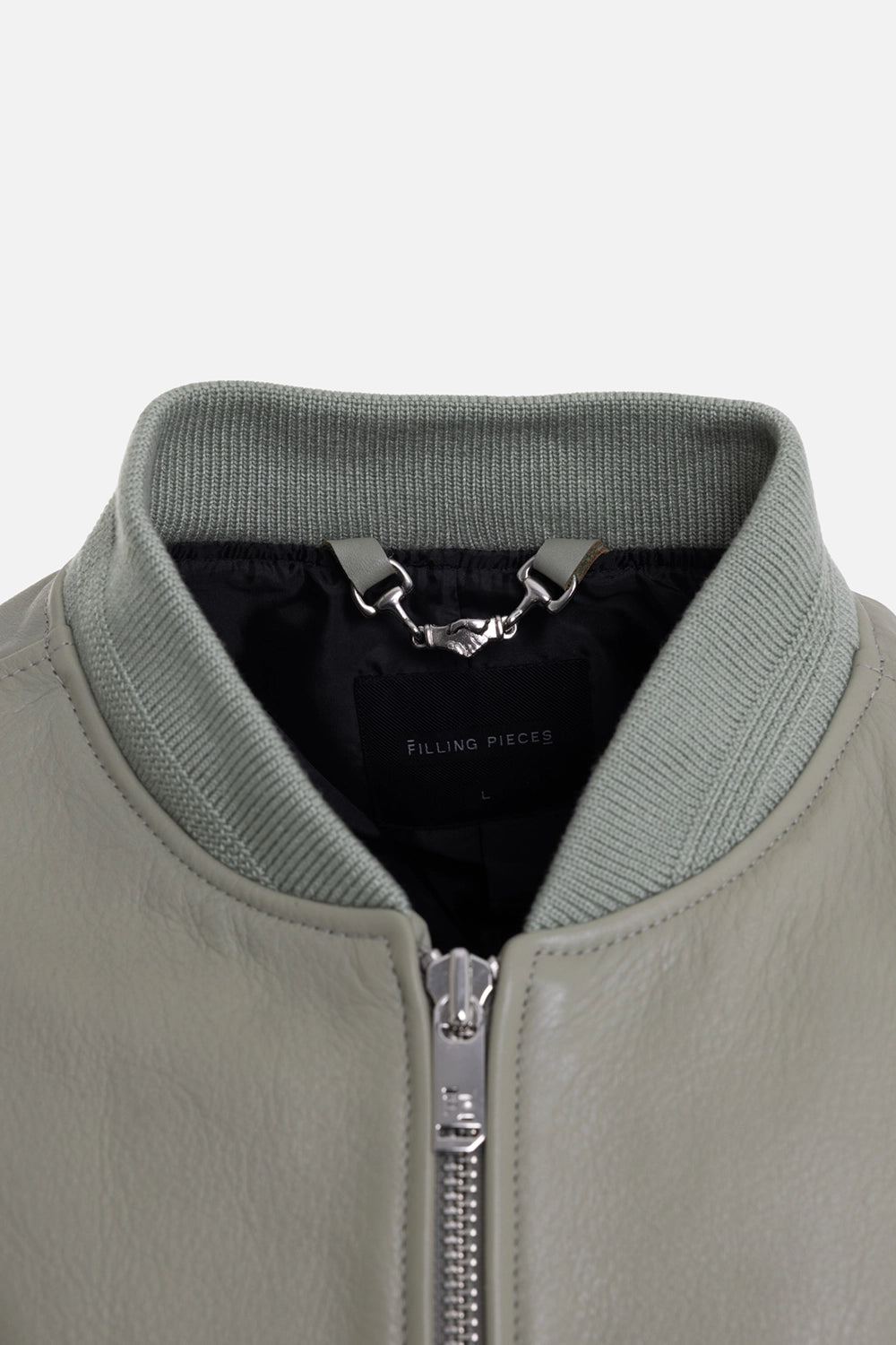 Filling Pieces unisex leather bomber jacket in tea, collar detail, rib-knit stand collar and silver zip