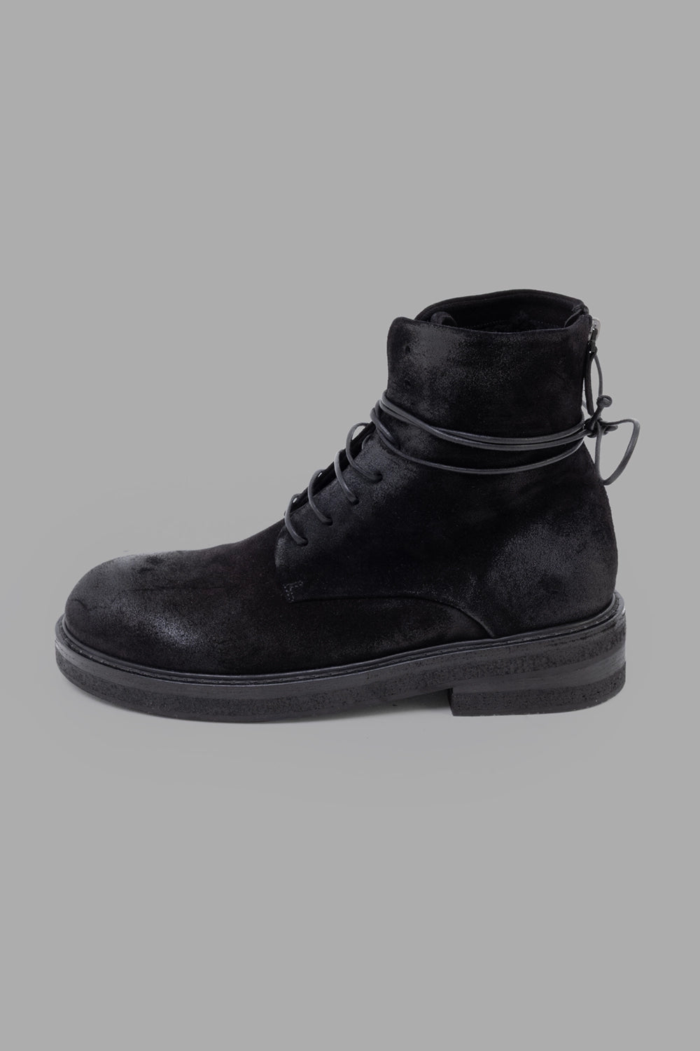 Marsèll boots in black, side view, reversed leather with wrap-around laces and stacked sole