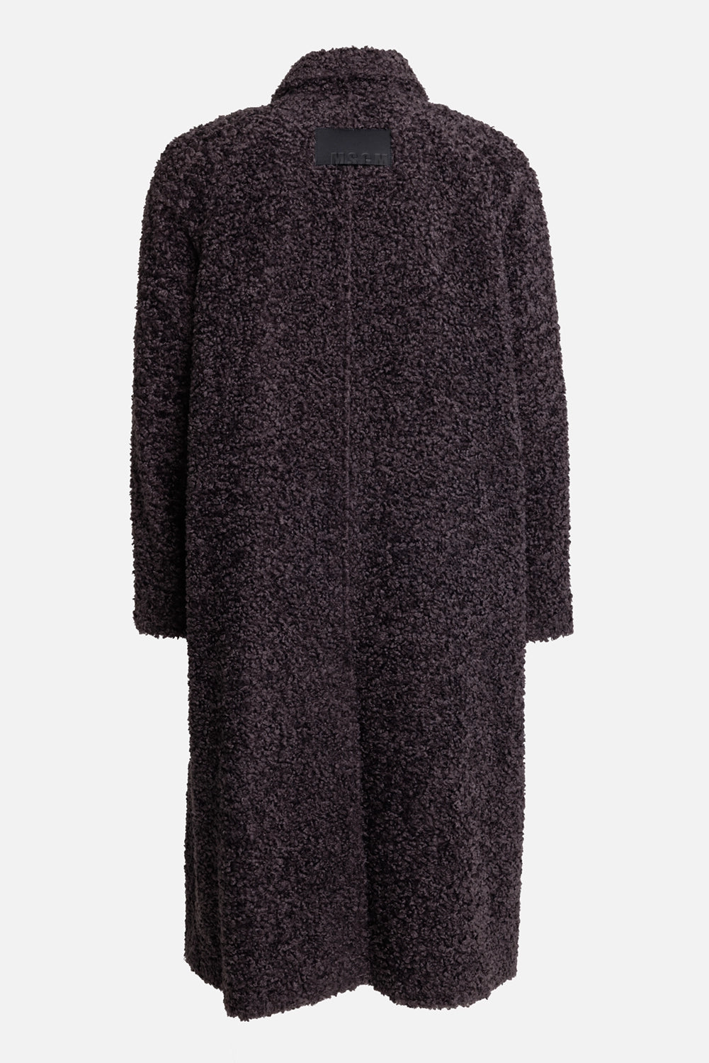 MSGM men's dark brown bouclé coat, back view with tonal logo patch and long straight silhouette