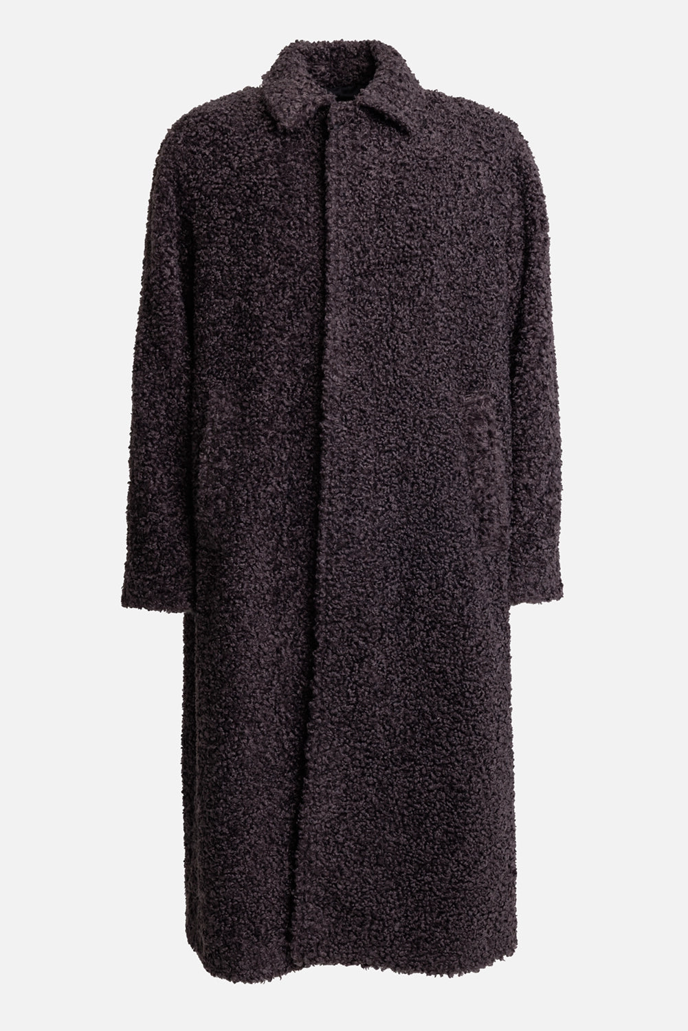 MSGM men's dark brown bouclé coat, front view with classic collar and single-breasted button fastening