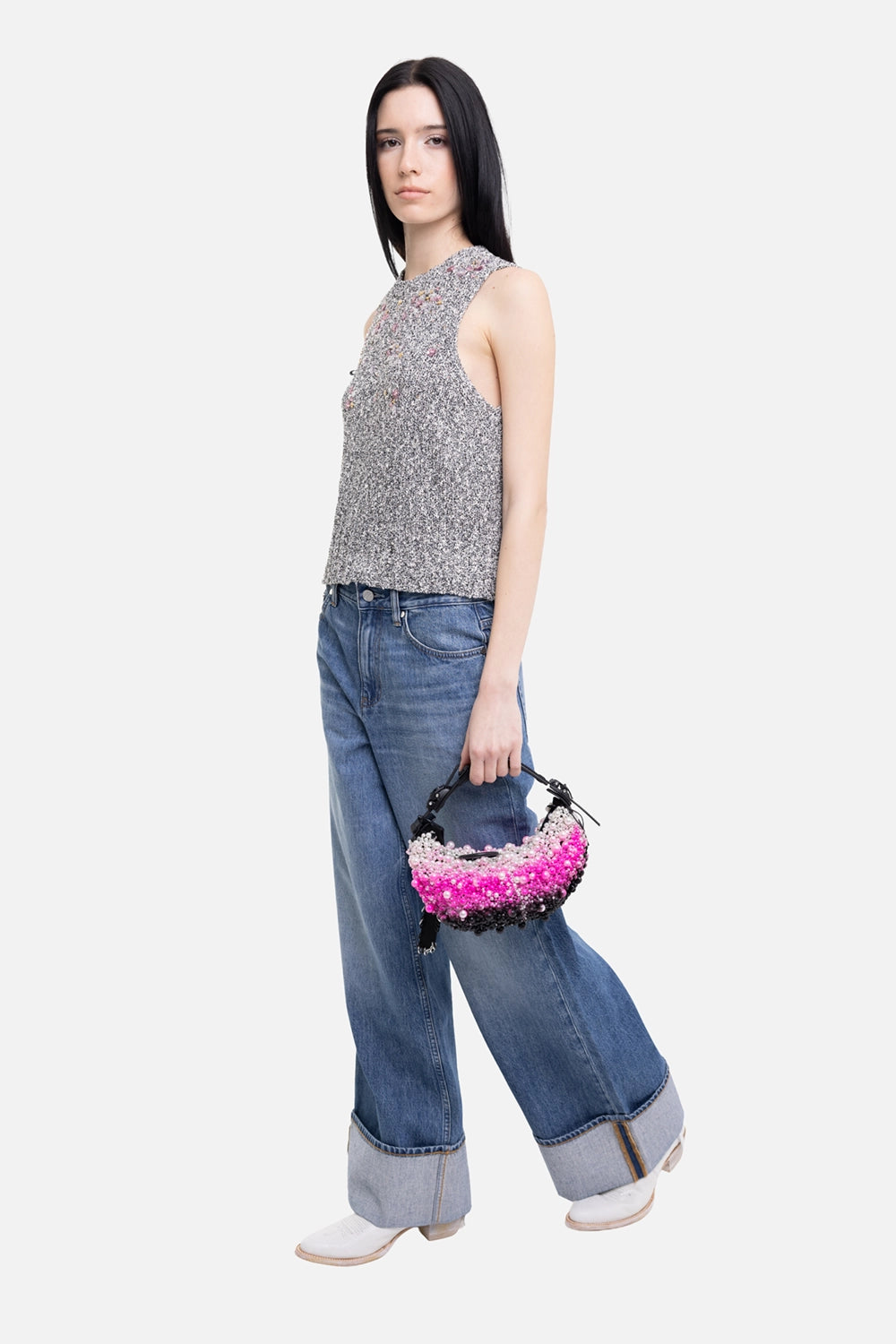 DES PHEMMES women's crop vest in black/vanilla, on-model half length, sleeveless cut and floral bead neckline
