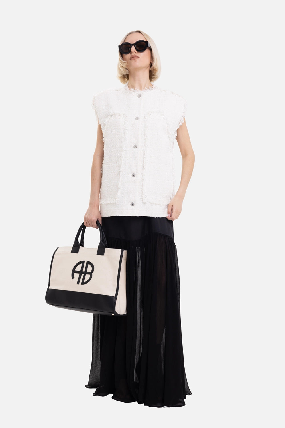 MSGM women's tweed-effect vest in off-white, on-model full-length with fringed edges and button front