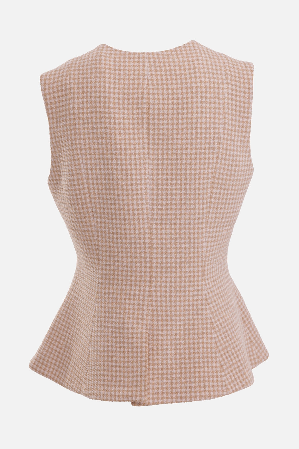 By Malene Birger women's beige houndstooth bouclé waistcoat, back view with center seam and flared hem