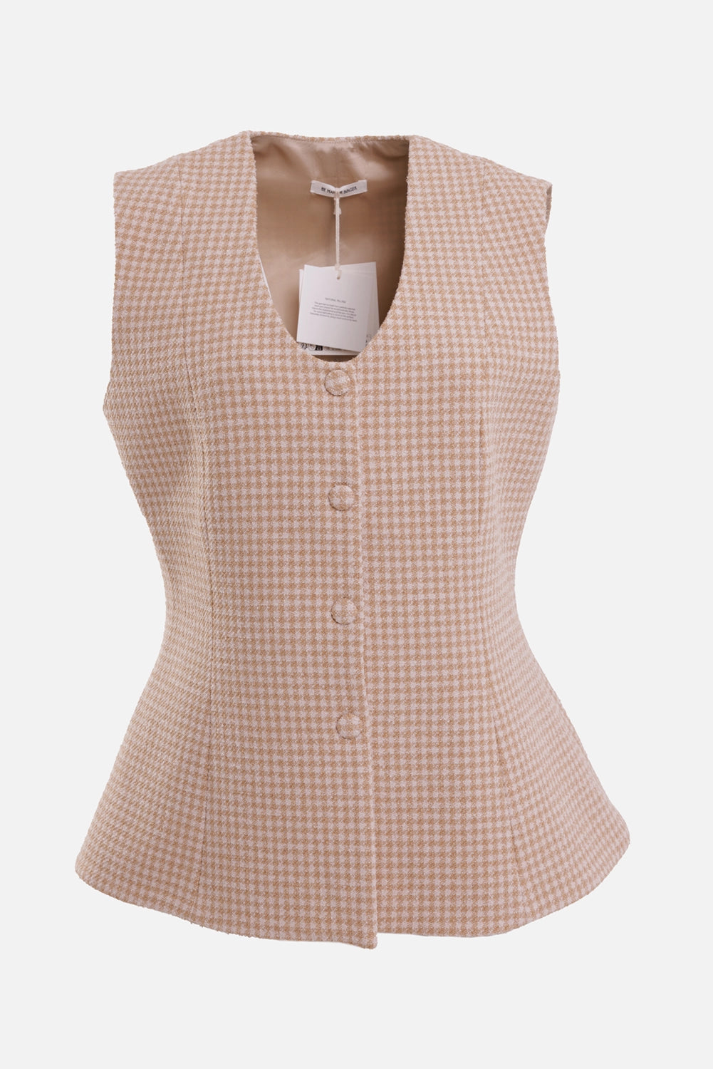 By Malene Birger women's beige houndstooth bouclé waistcoat, front view with covered buttons and deep round neck