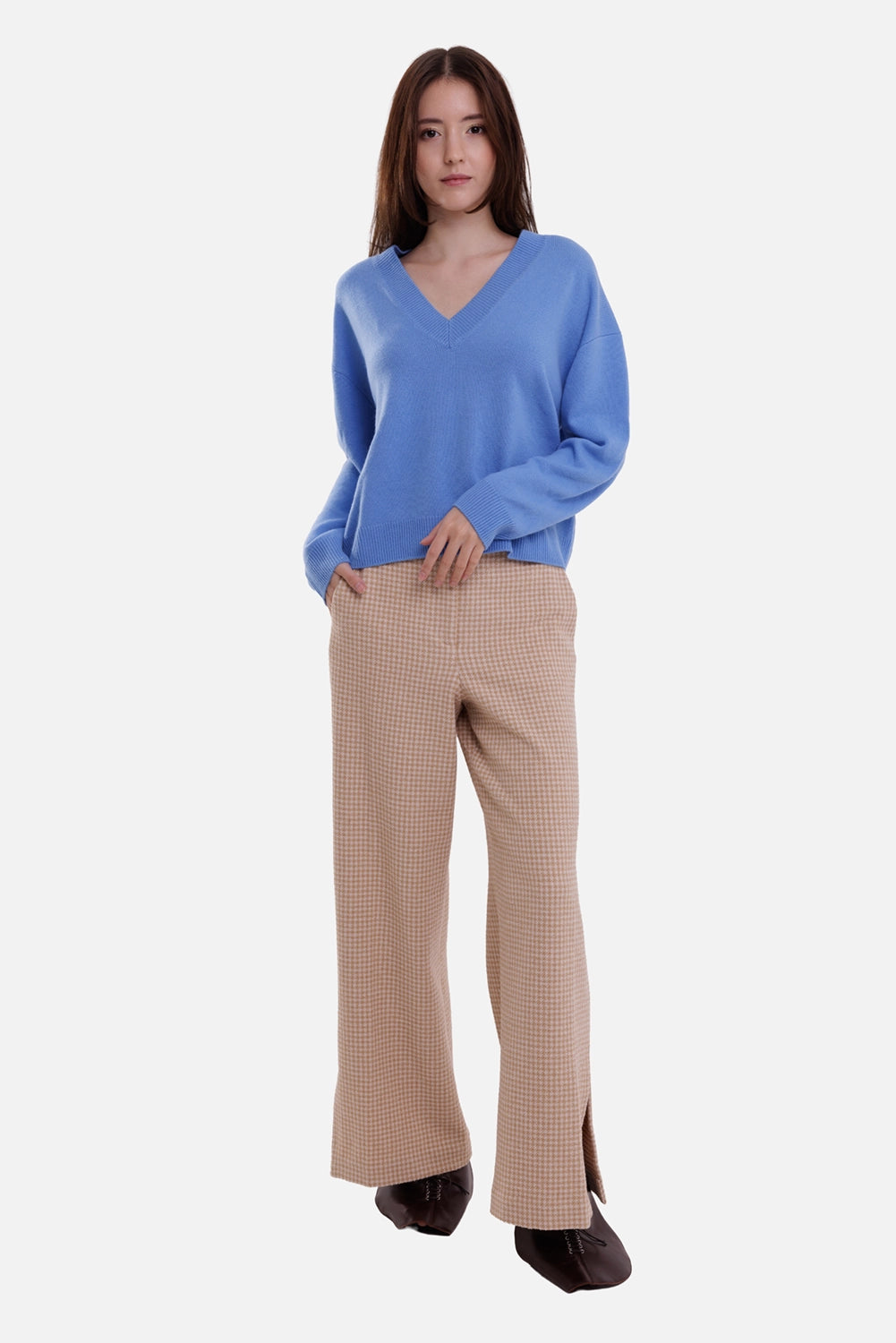 By Malene Birger women's bouclé trousers in beige houndstooth, full-length view with wide legs and side slits