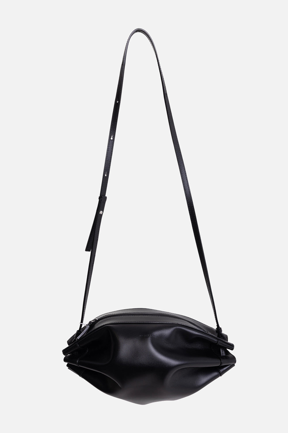 Helmut Lang women's shoulder bag in black, front view, stamped logo and softly rounded shape