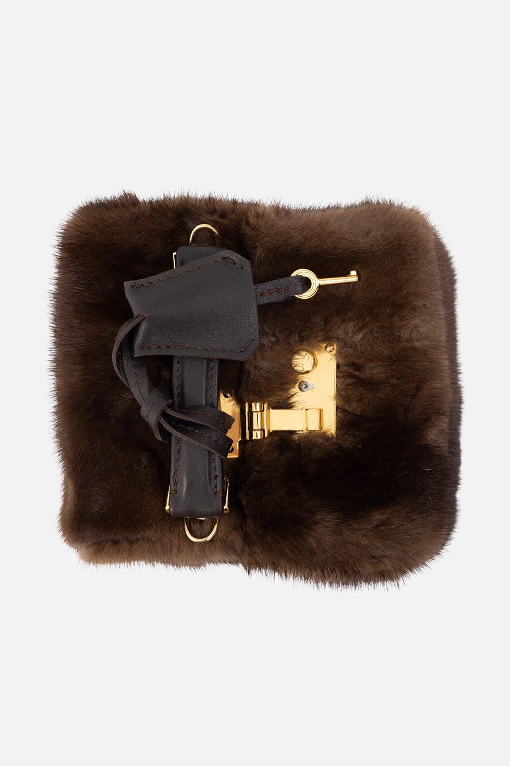 Frenzy women's mink fur box bag in brown, 3/4 view, plush fur panels with leather strap and gold hardware