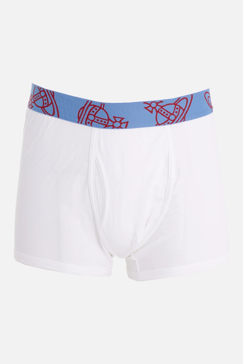 Vivienne Westwood men's white boxer briefs, flat-lay view, blue Orb waistband and smooth stretch body