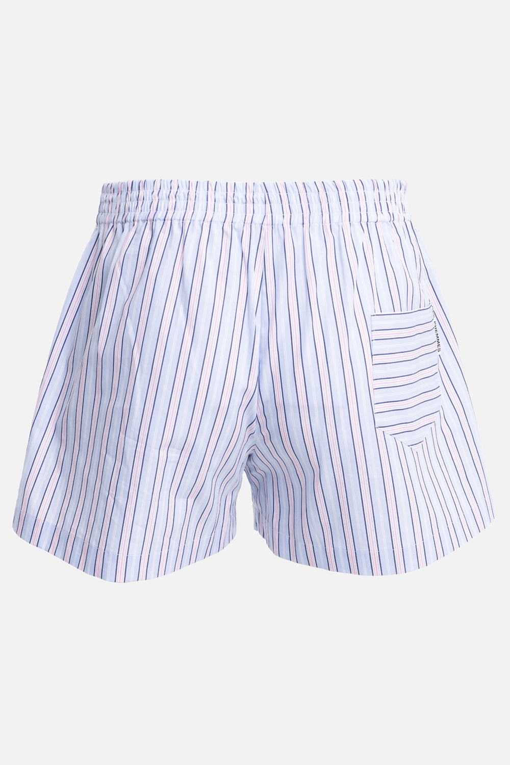 DES PHEMMES women's boxer shorts in blueberry, back view, patch pocket and vertical pastel stripe pattern