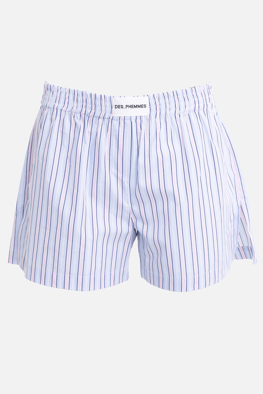DES PHEMMES women's boxer shorts in blueberry, front view, elastic waistband with logo tab and pastel stripes