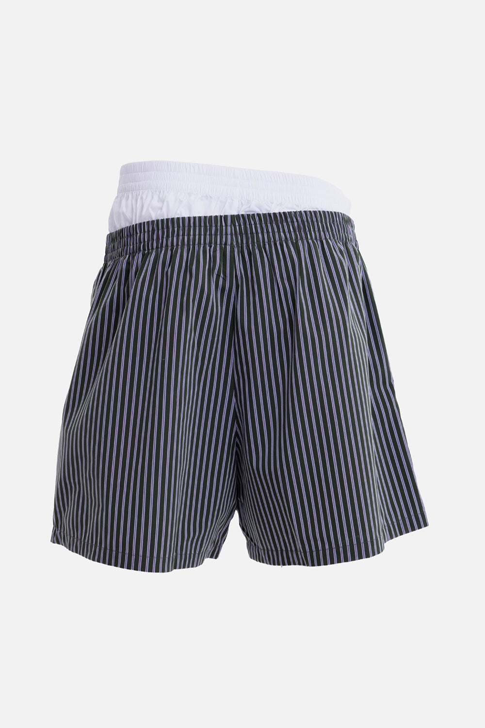 Natasha Zinko unisex green striped boxer shorts, back view with white underlayer and elasticated waist