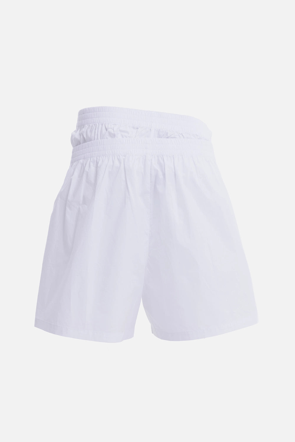 Natasha Zinko women's white boxer shorts, back view with layered waistband and relaxed straight legs