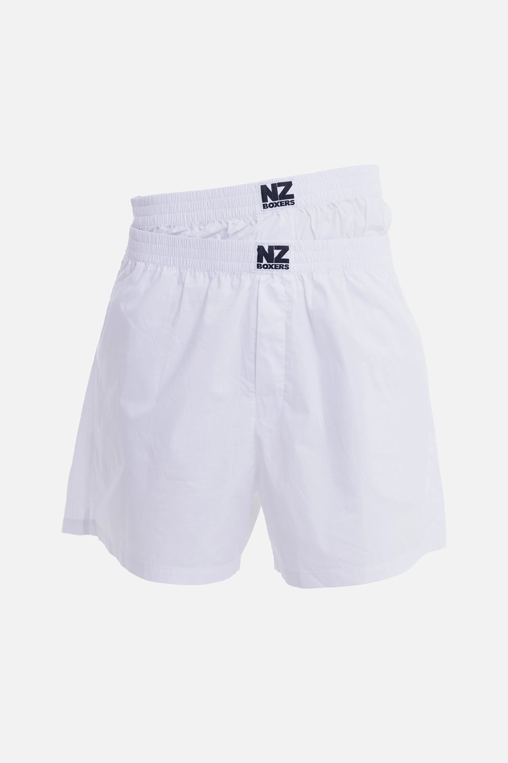 Natasha Zinko women's white boxer shorts, front view with double elasticated waistbands and logo patches