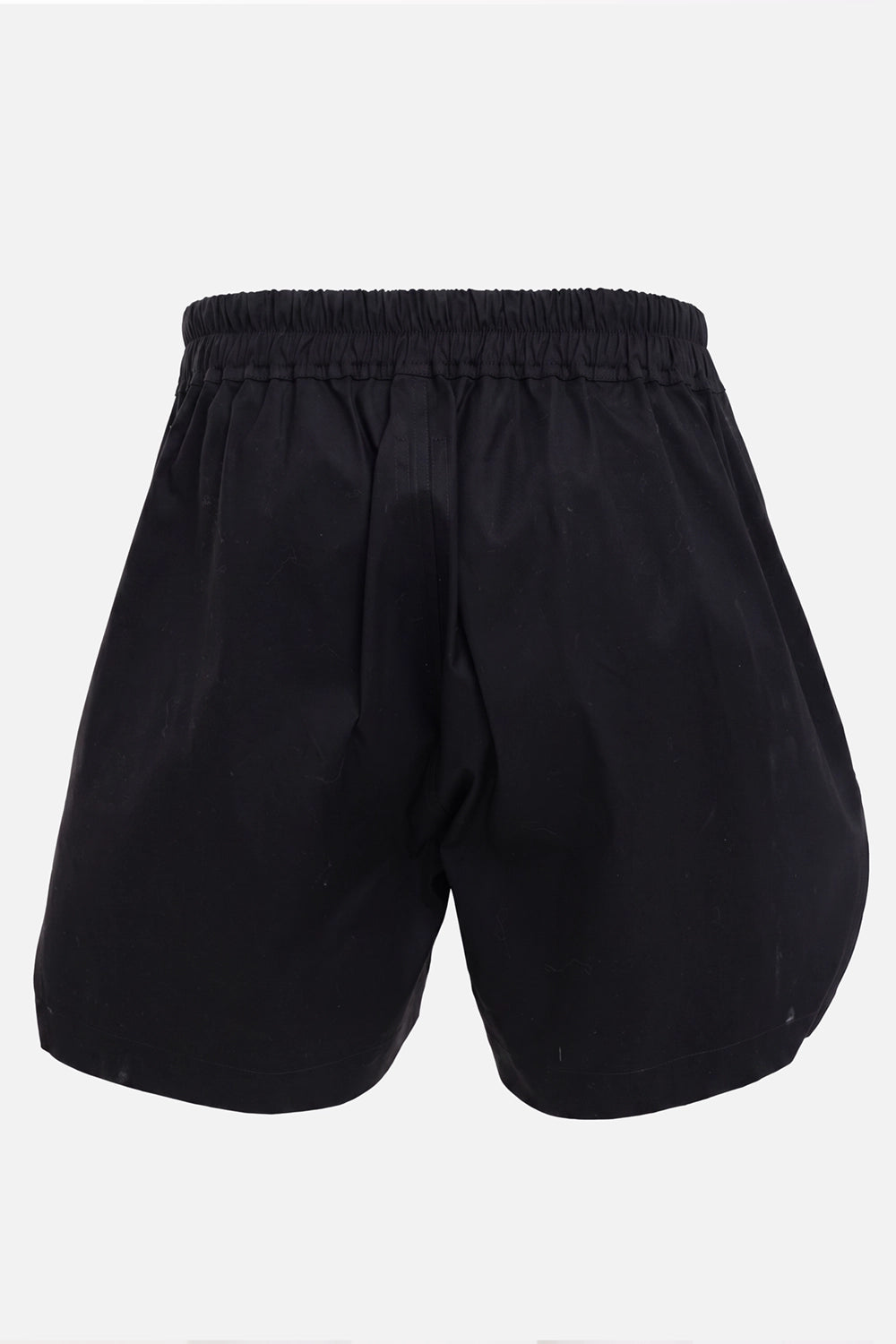 Rick Owens men's boxers shorts in black, back view, gathered elastic waistband and rounded hem