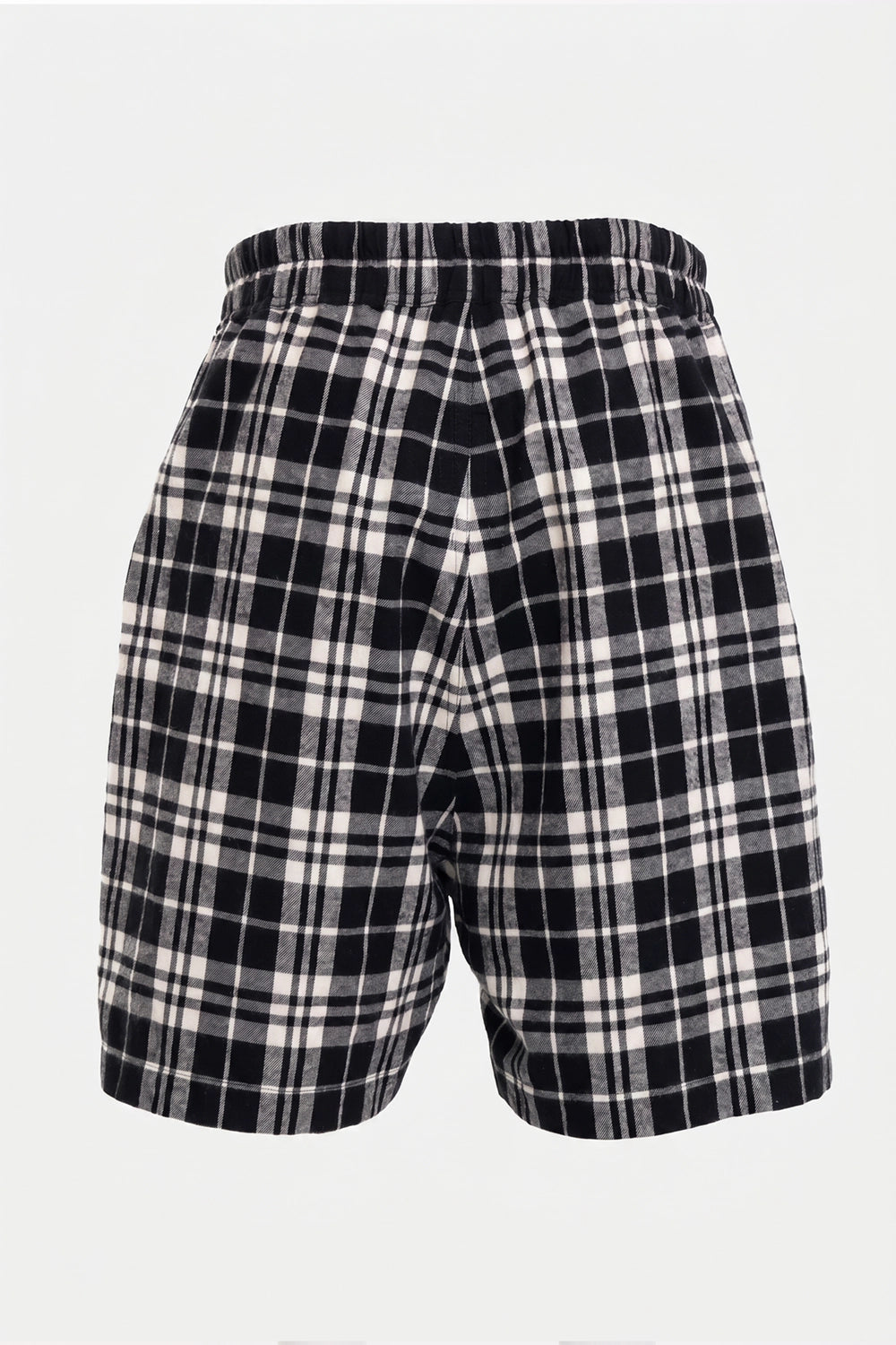 Rick Owens men's boxers shorts in black/milk/black plaid, back view, checked rear panel and gathered waistband