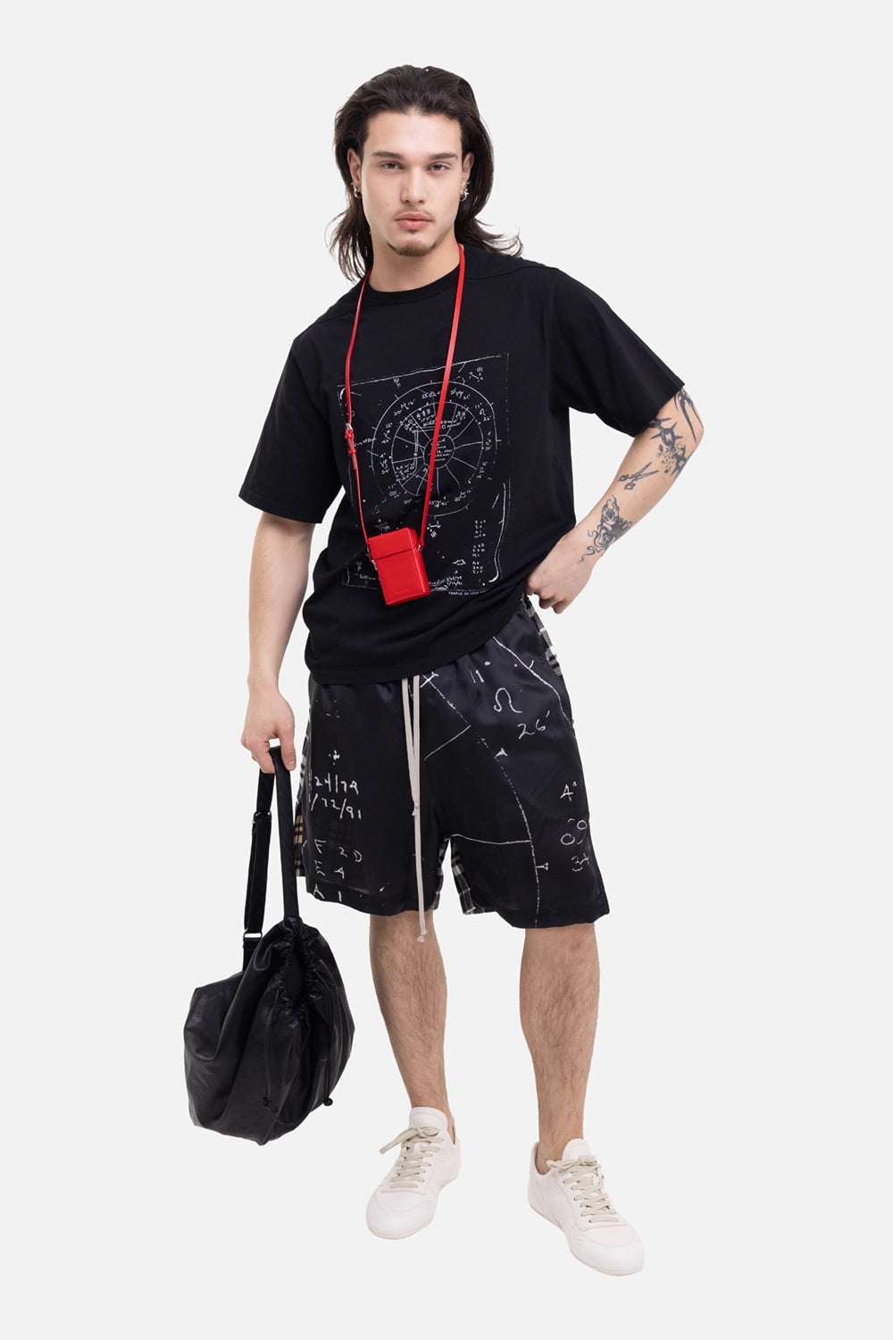 Rick Owens men's boxers shorts in black/milk/black plaid, on-model full-length view, chalk print and cream drawstring
