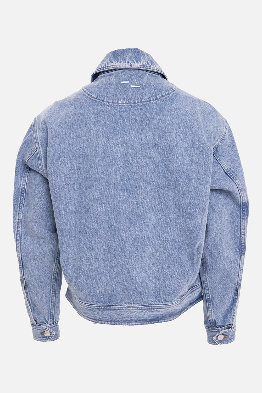 Filling Pieces unisex denim jacket in skyway, back view with bar-tag embroidery and buttoned cuffs