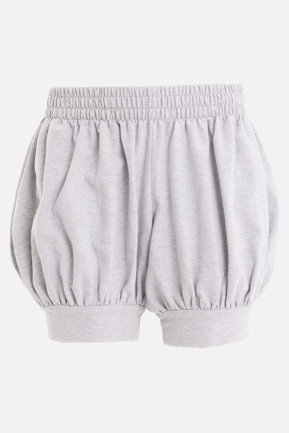 Norma Kamali women's Boyfriend Puff Shorts in Light Heather Grey, back view with gathered elastic waist