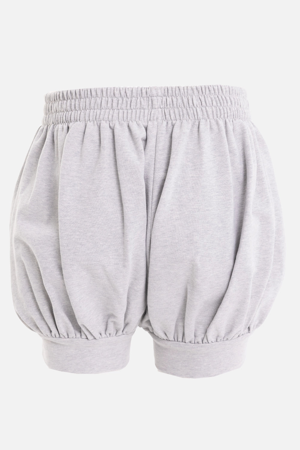 Norma Kamali women's Boyfriend Puff Shorts in Light Heather Grey, front view with shirred waist and bubble hems