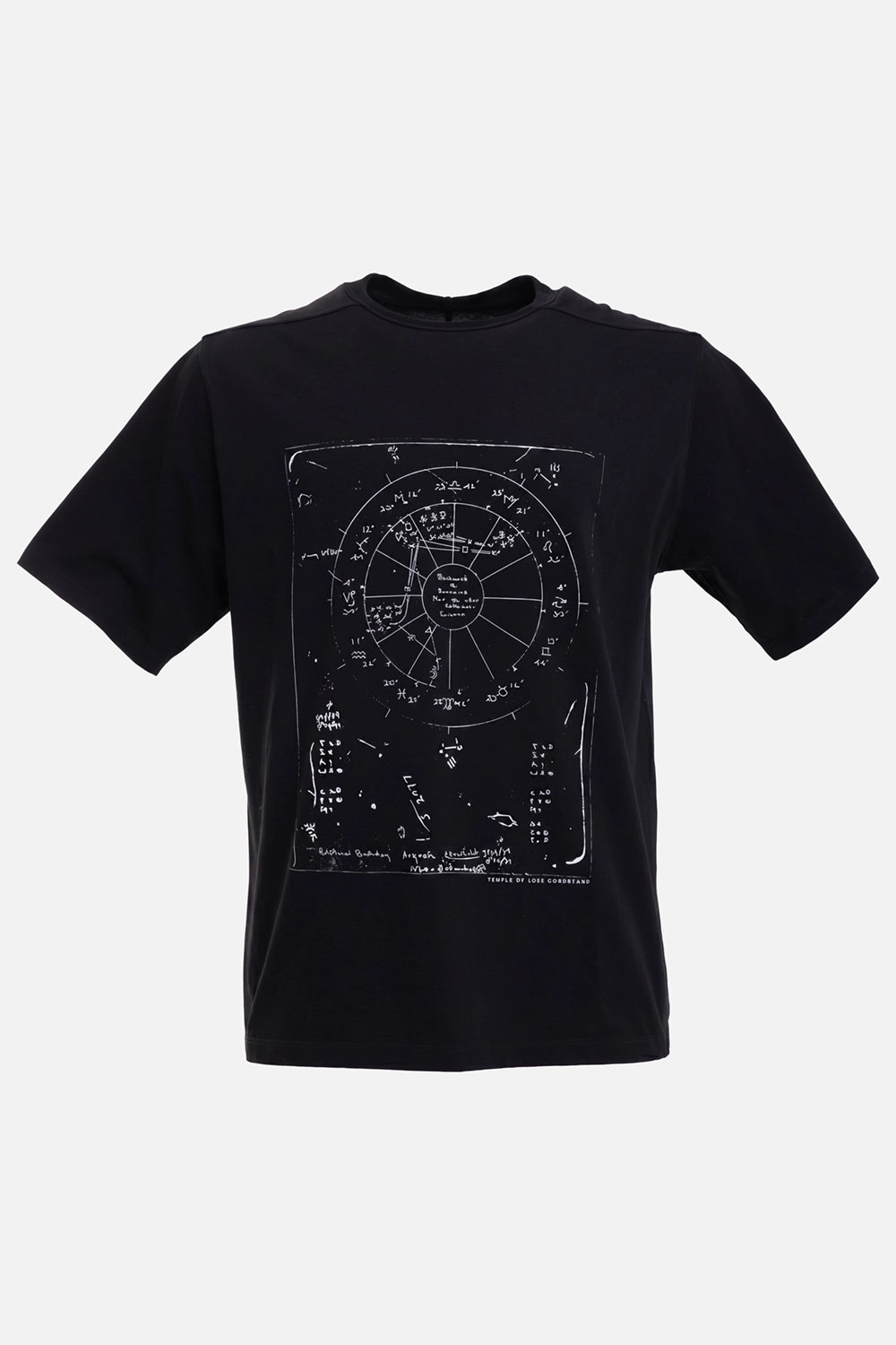 Rick Owens men's T-shirt in black/milk, front view with celestial chest graphic and ribbed crewneck