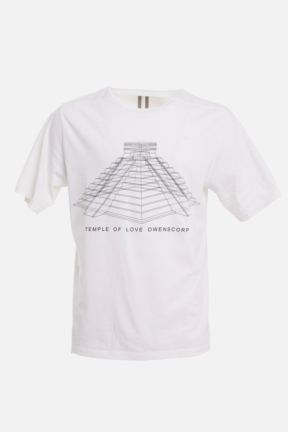 Rick Owens men's T-shirt in milk/black, front view with pyramid line graphic and short sleeves