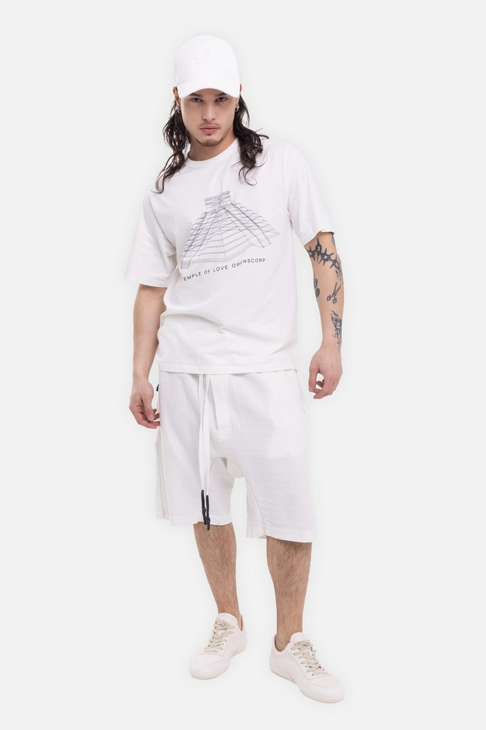 Rick Owens men's T-shirt in milk/black, on-model full-length view with Temple graphic and crewneck