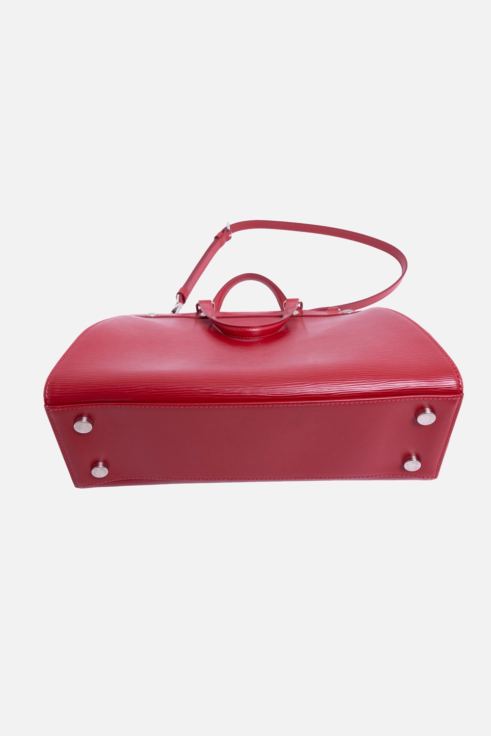 Pre-owned Louis Vuitton Brea MM satchel in red, 3/4 view from base, strap and protective feet visible.